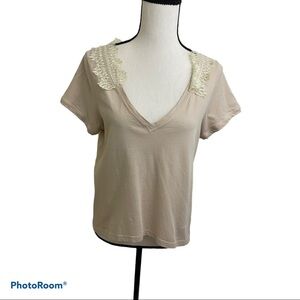 OOnagh V-neck with lace on collar top size small blouse beige